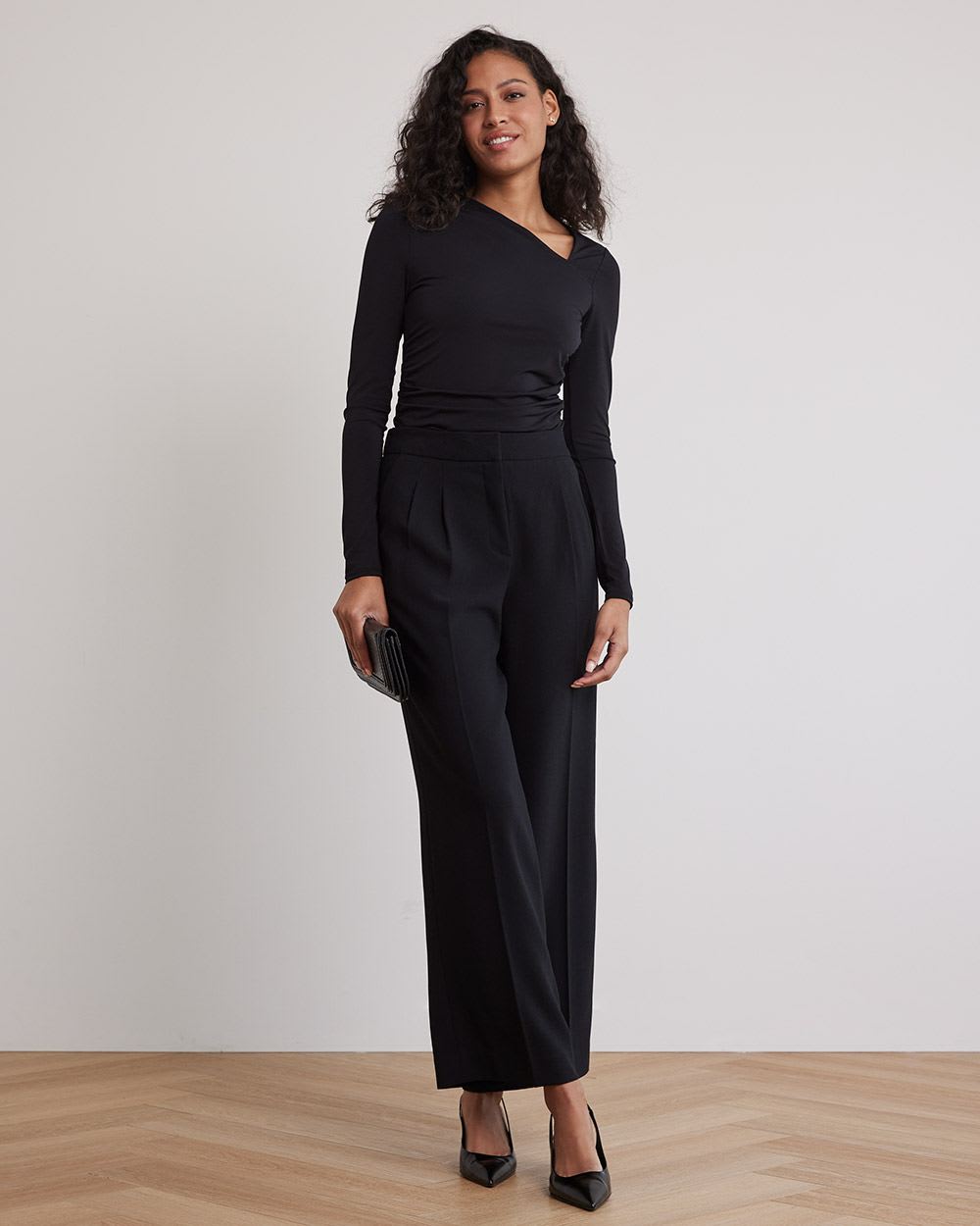 Draped Long-Sleeve Top with Asymmetrical Neckline