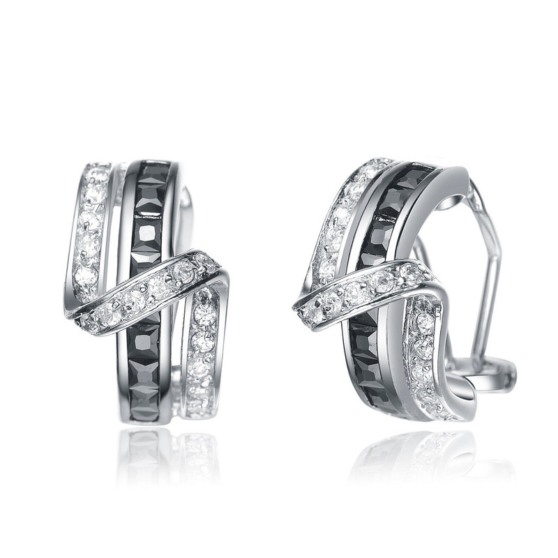 Sterling Silver White Gold Plated with Colored Cubic Zirconia Zig-Zag Designed Omega Clasp Half Hoop Earrings