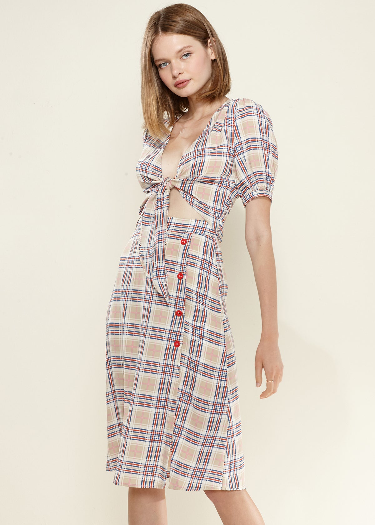 Nurode Multi Check Front Tie Hem Blouse