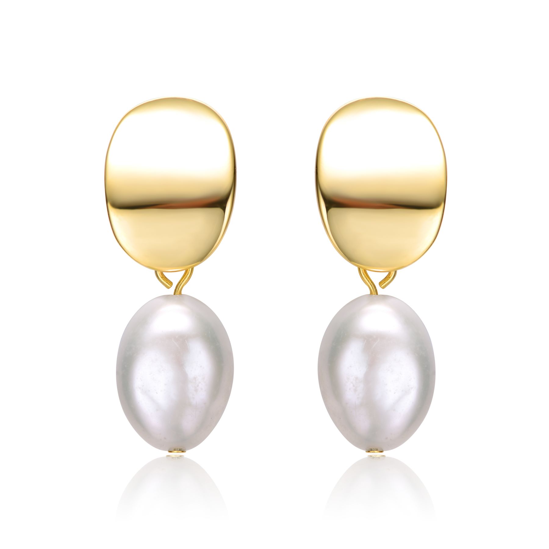 Sterling Silver 14k Yellow Gold Plated Oval White Pearl Drop Medallion Dangle Earrings
