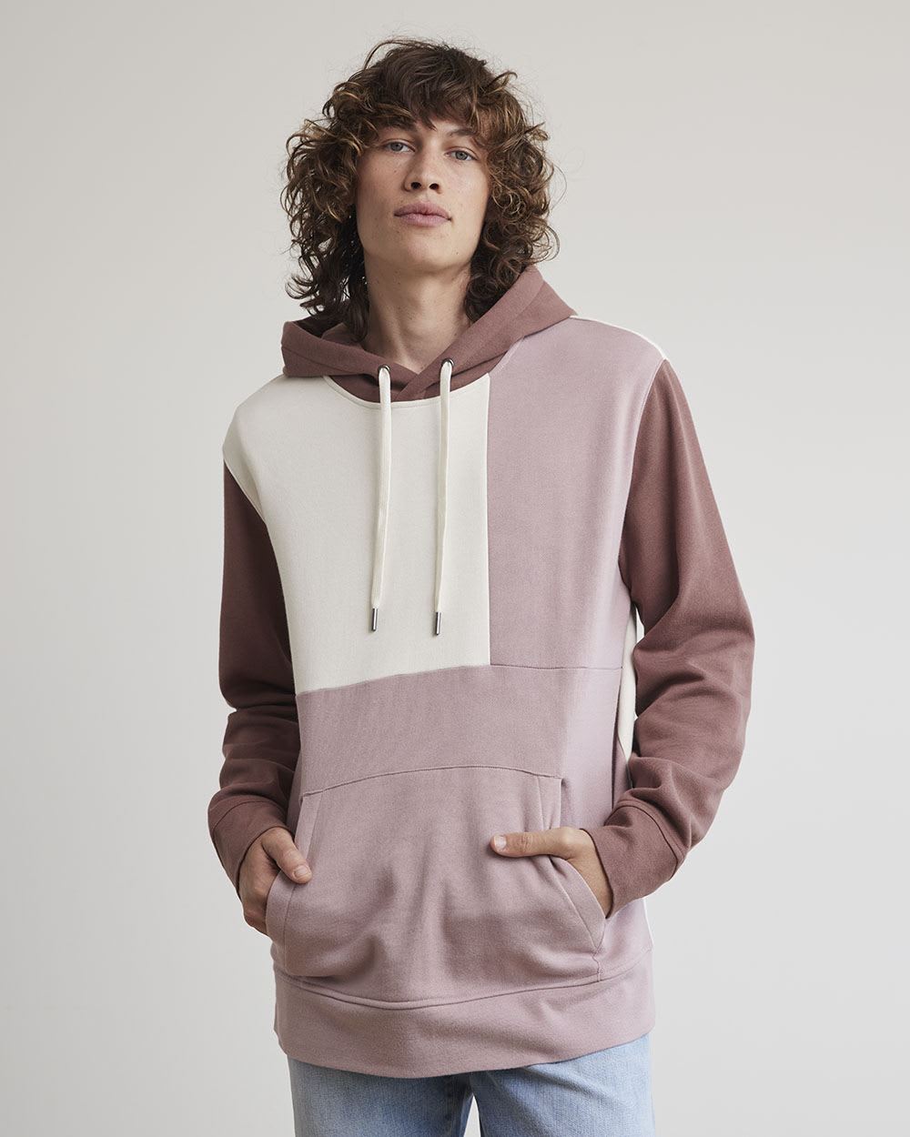 Colour-Blocked Fleece Hoodie with Kangaroo Pocket