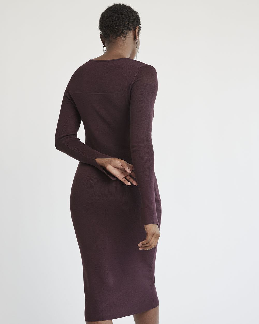 Long-Sleeve Crew-Neck Midi Dress with Sheer Yoke