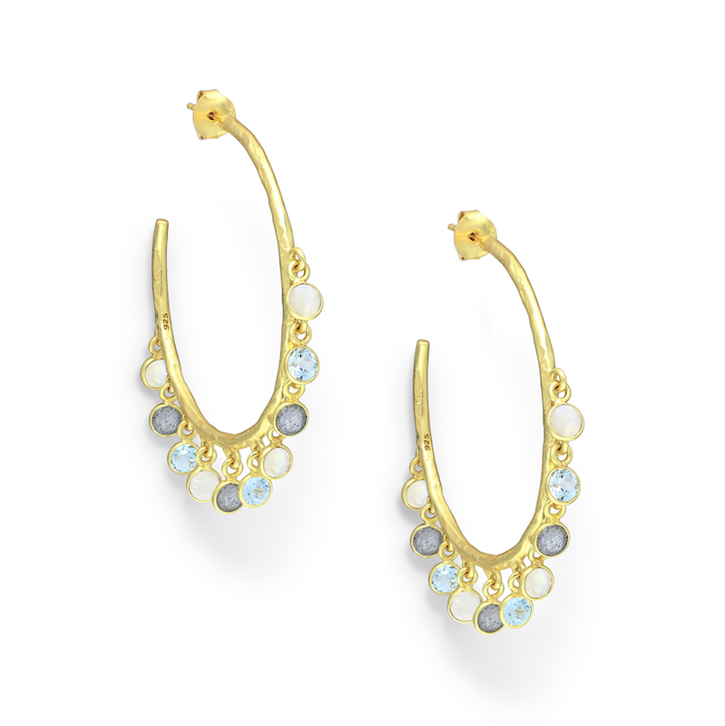 18K Goldtone Plated Sterling Silver Moonstone & Sky Blue Topaz Dainty CZ Hoop Earrings- AG Sterling