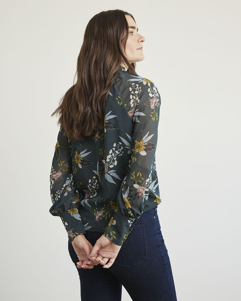 Mock-Neck Popover Blouse with Long Balloon Sleeves