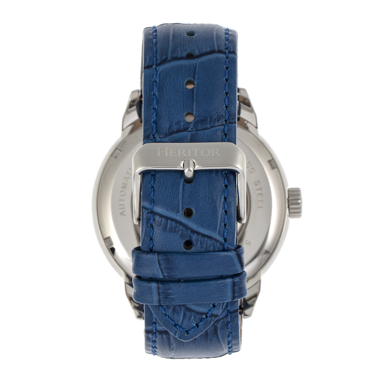 Heritor Automatic - Sanford Semi-Skeleton Leather-Band Watch - Silver/Blue