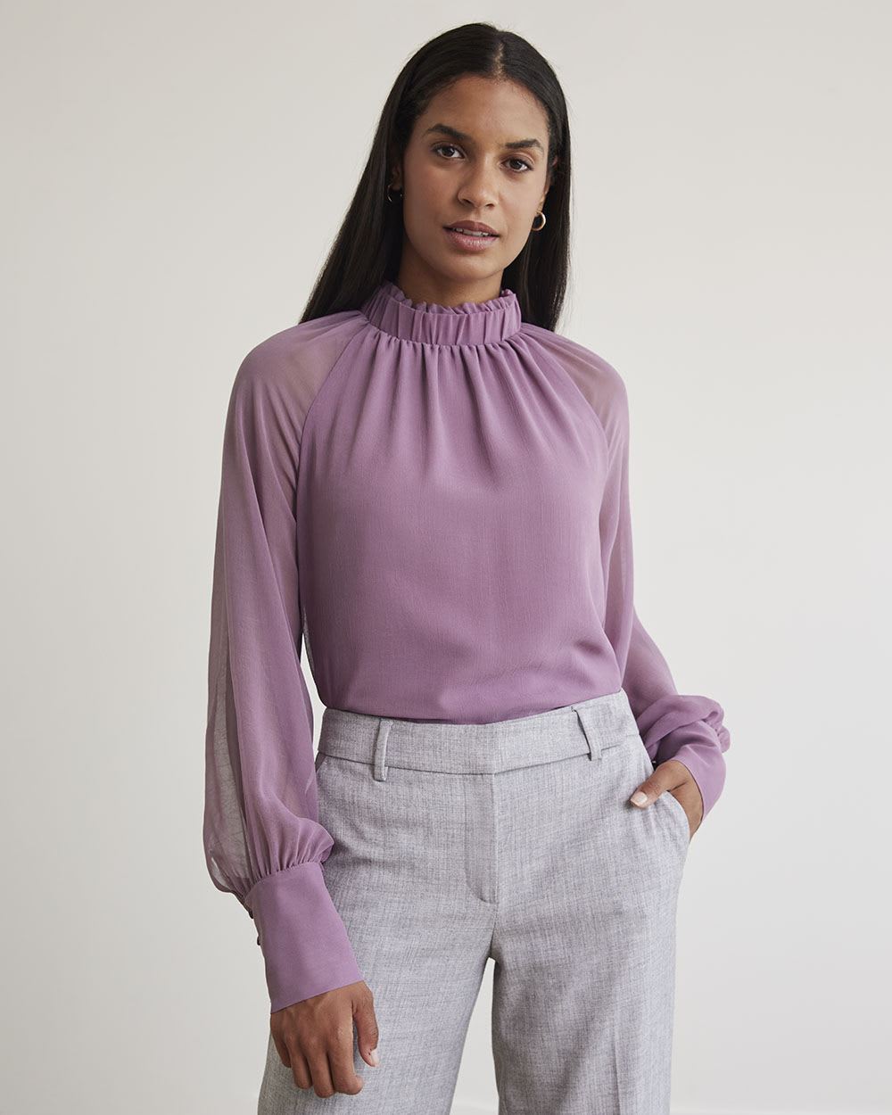 Mock-Neck Popover Blouse with Long Balloon Sleeves