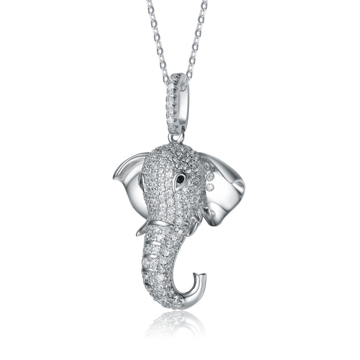 Genevive white gold-Plated with Cubic ZIrconia Iced Out Lucky Elephant Head Pendant Necklace in Sterling Silver