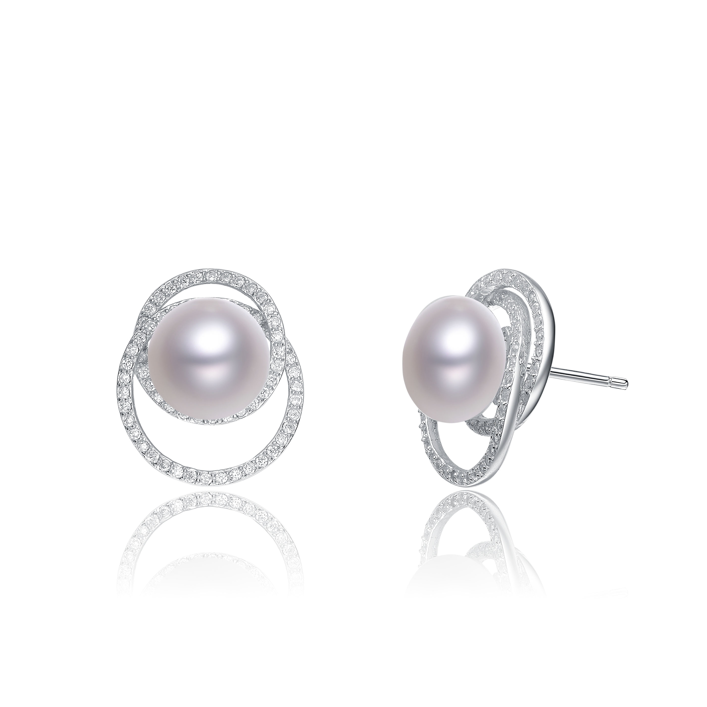 Genevive Cubic Zirconia Sterling Silver Rhodium Plated Round Pearl Earrings