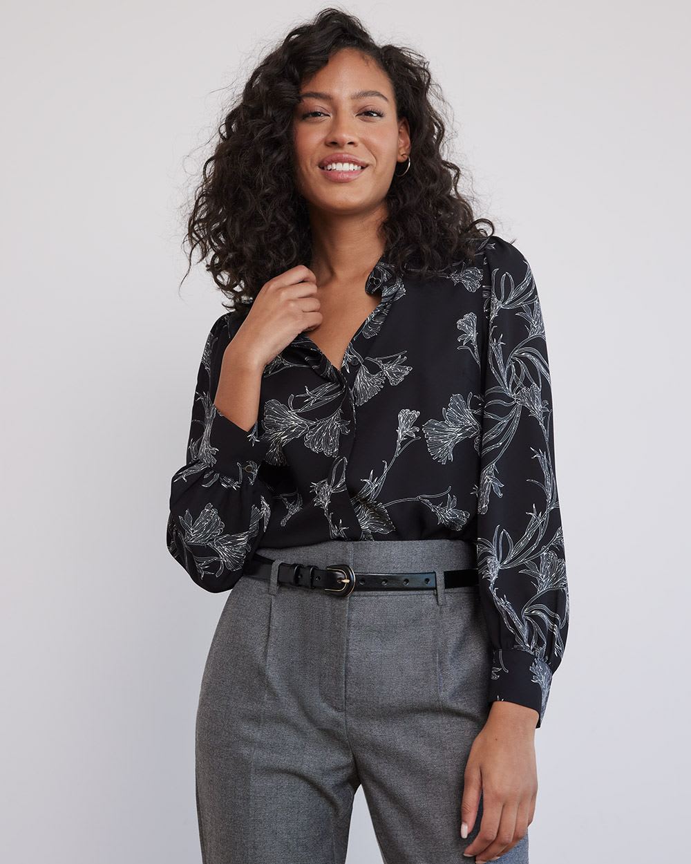 Long-Sleeve Buttoned-Down Silky Crepe Blouse