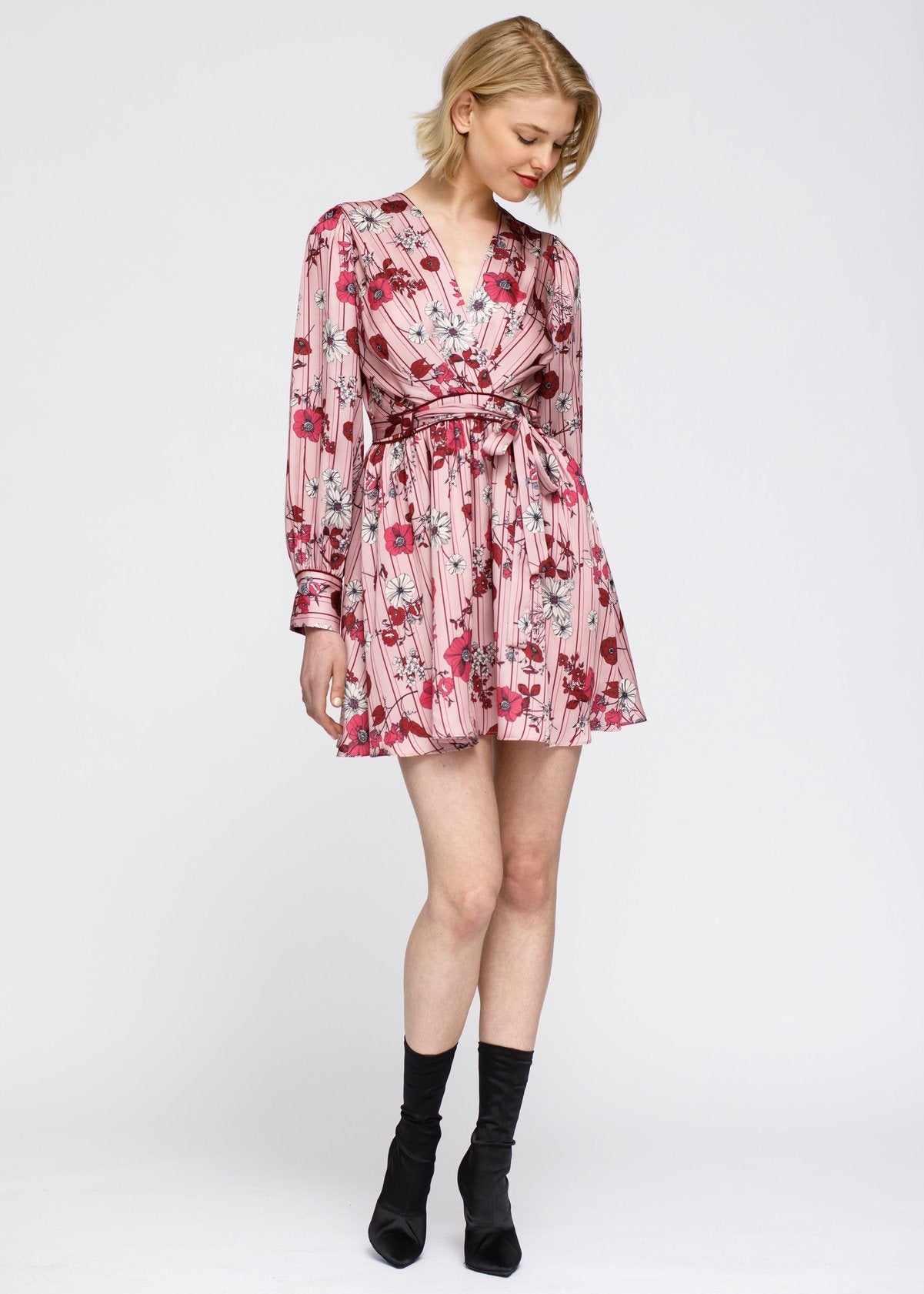 Nurode Pajama floral Satin Wrap Front Flared Dress