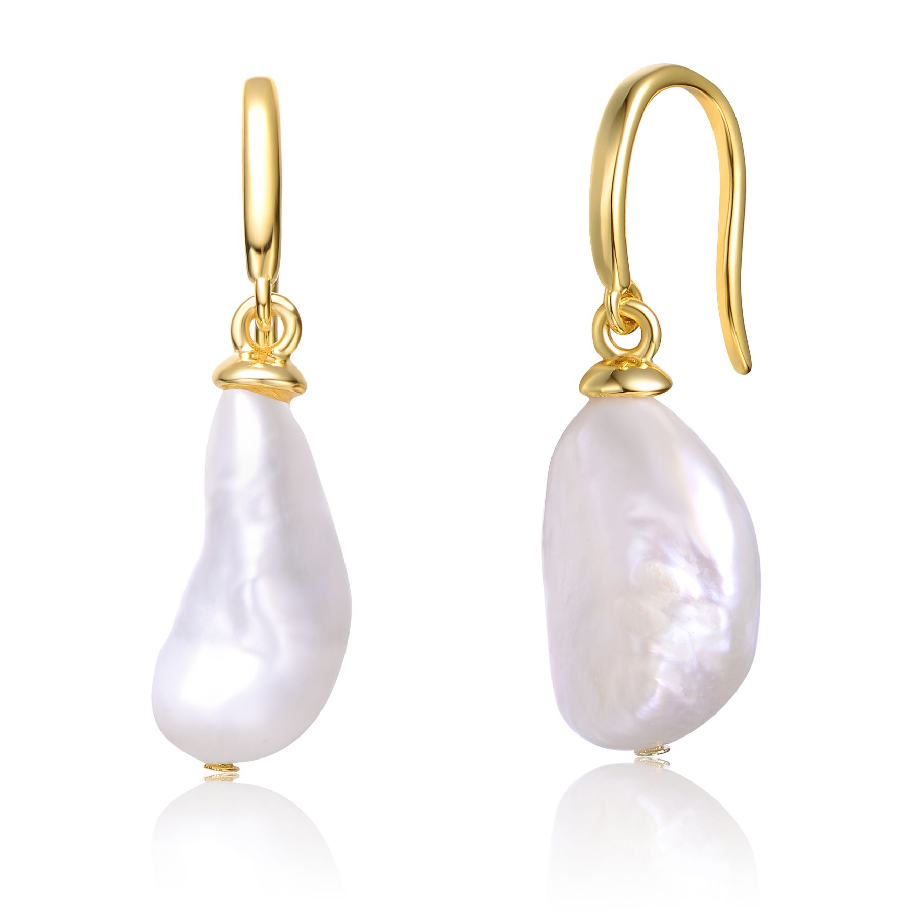 Sterling Silver 14k Yellow Gold Plated with Baroque White Pearl French Hook Dangle Drop Earrings