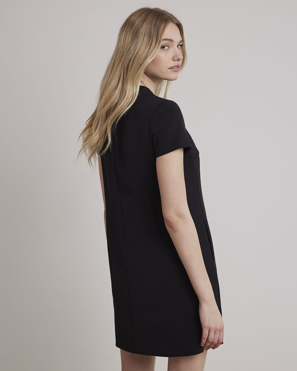 Short-Sleeve Straight Dress with Mock Neckline