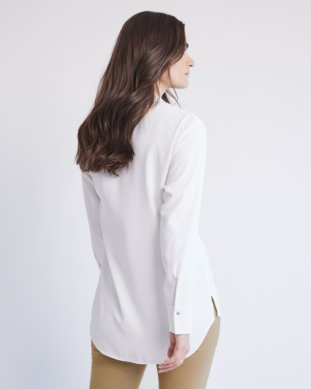 Long-Sleeve V-Neck Crepe Popover Blouse