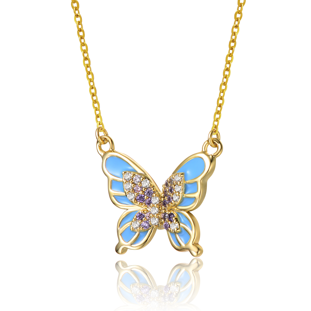 RG Young Adults/Teens 14k Yellow Gold Plated with Shades of Amethyst Cubic Zirconia Blue Enamel Butterfly Pendant Necklace