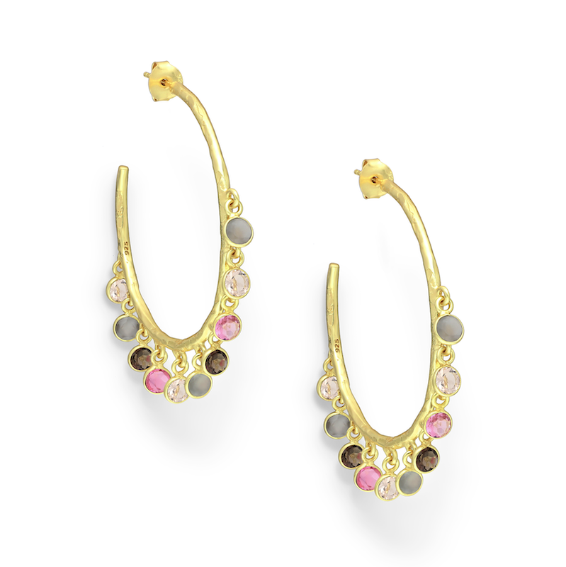 18K Goldtone Plated Sterling Silver Pink & Grey CZ Mix Clustered Hoop Earrings- AG Sterling