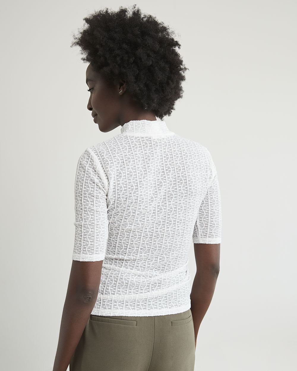 Elbow-Sleeve Sheer Lace Tee with Mock Neckline