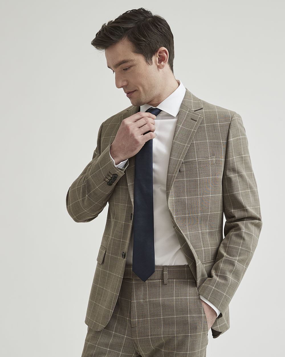 Slim Fit Beige Windowpane Traveler Blazer