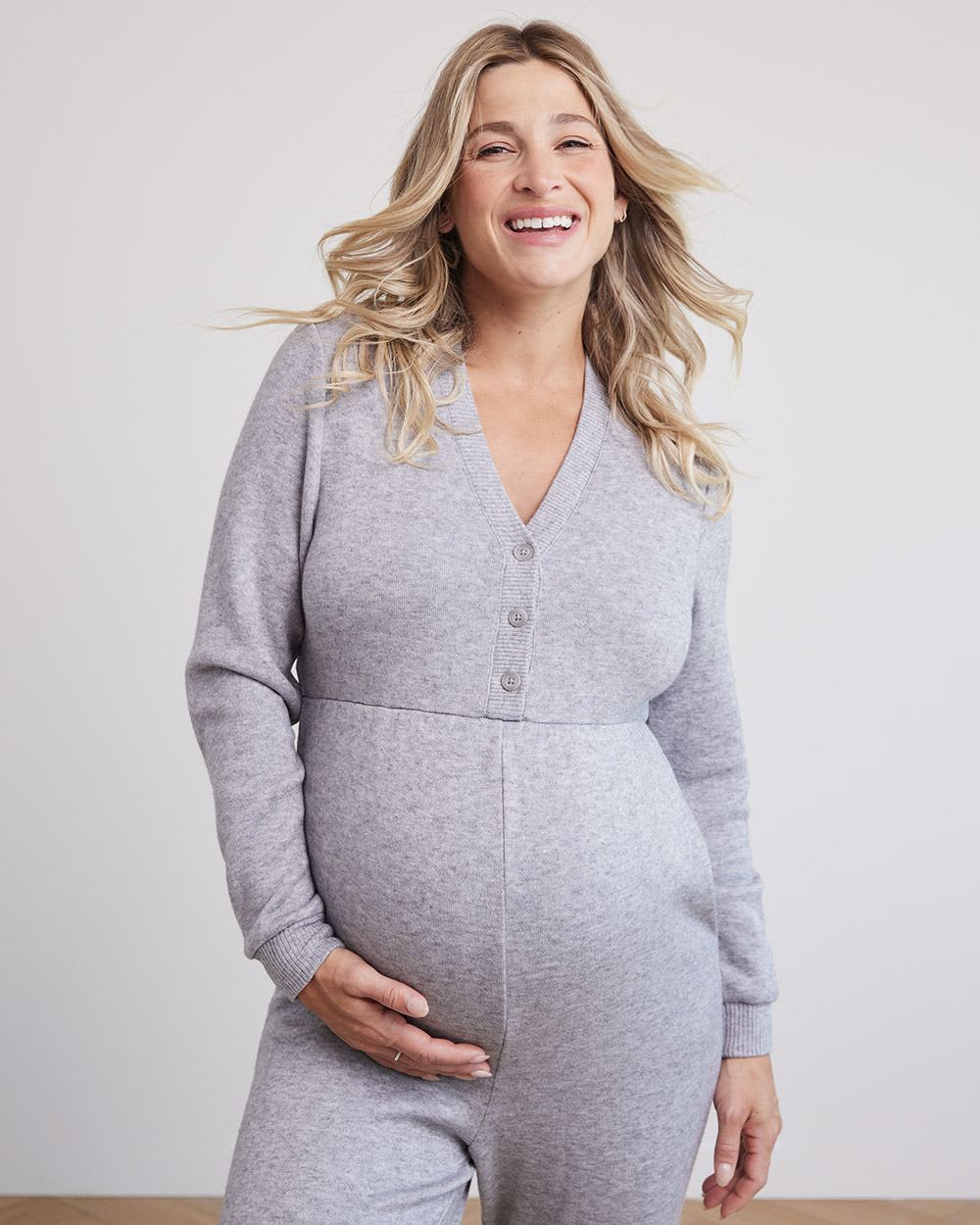Long-Seeve V-Neck Jumpsuit - Thyme Maternity