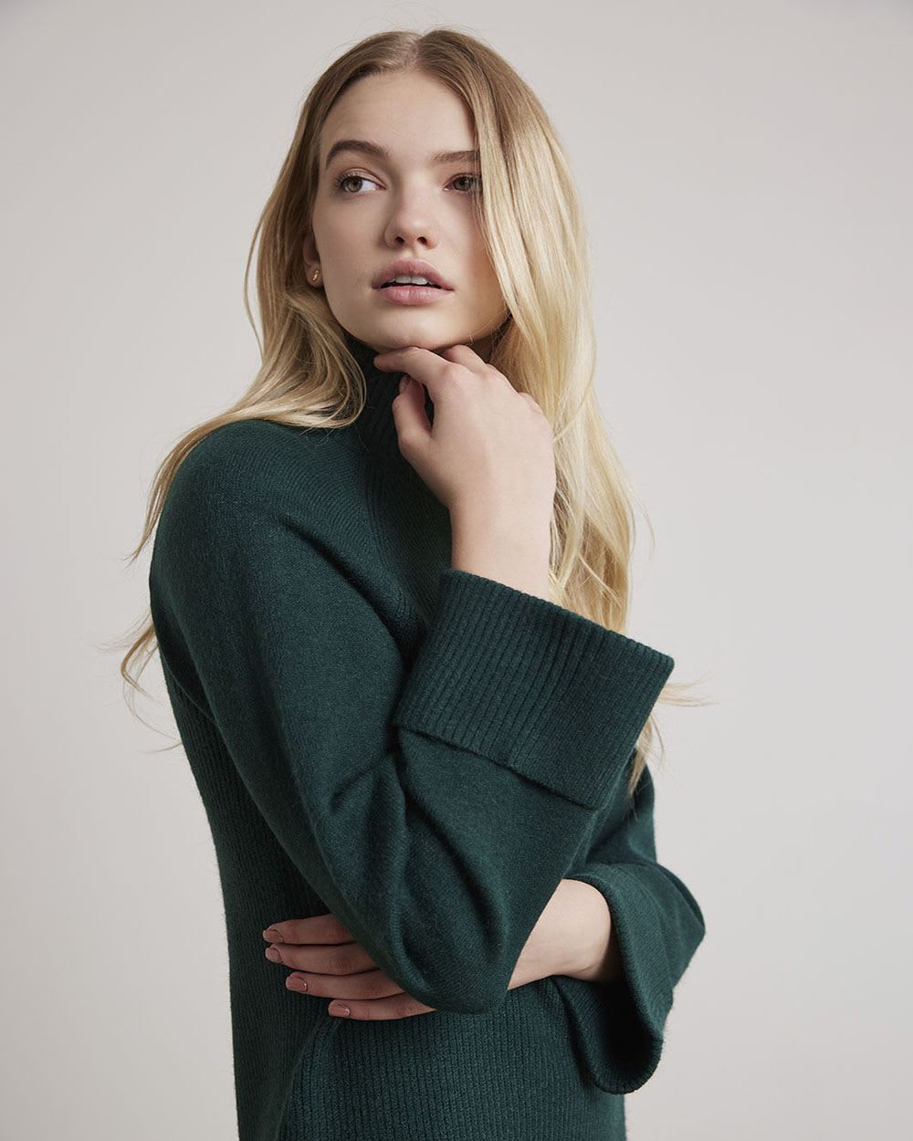 Long-Sleeve Mock-Neck Straight Dress with Ribbed Cuffs