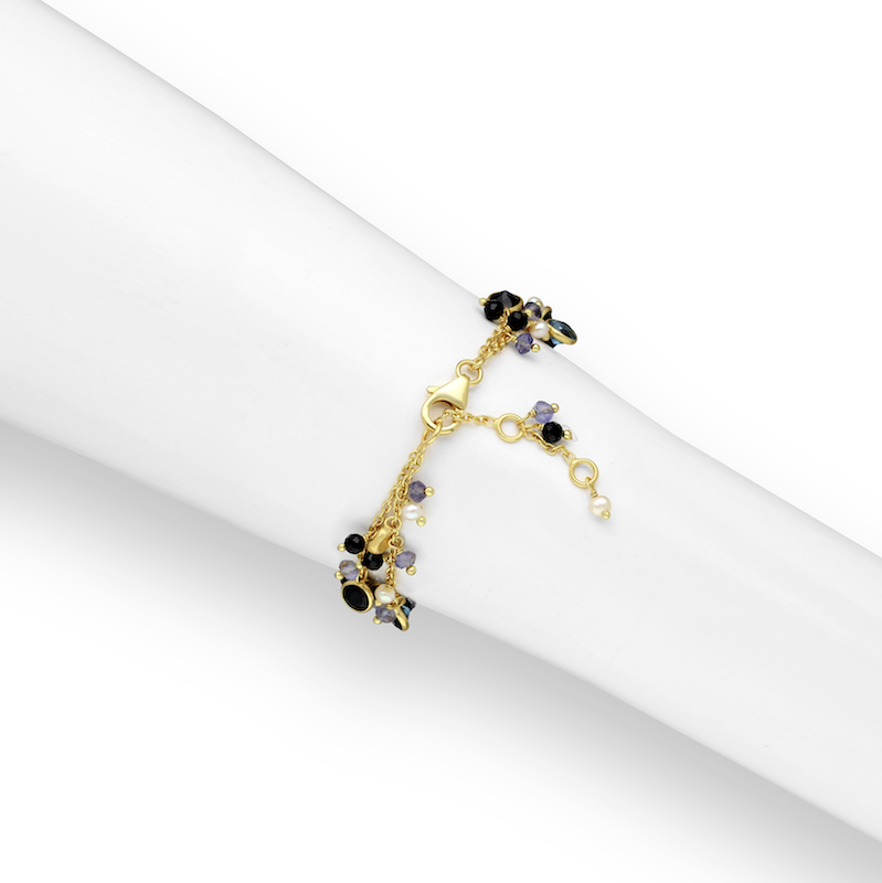 18K Goldtone Plated Sterling Silver Pearl, Black & Blue CZ Clustered Bracelet - AG Sterling