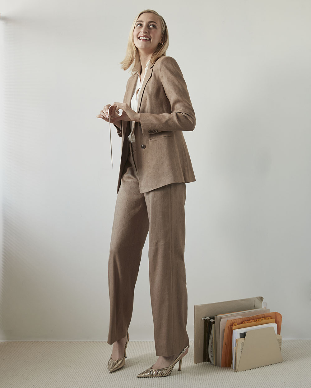 Striped Double-Breasted Long Linen Blazer