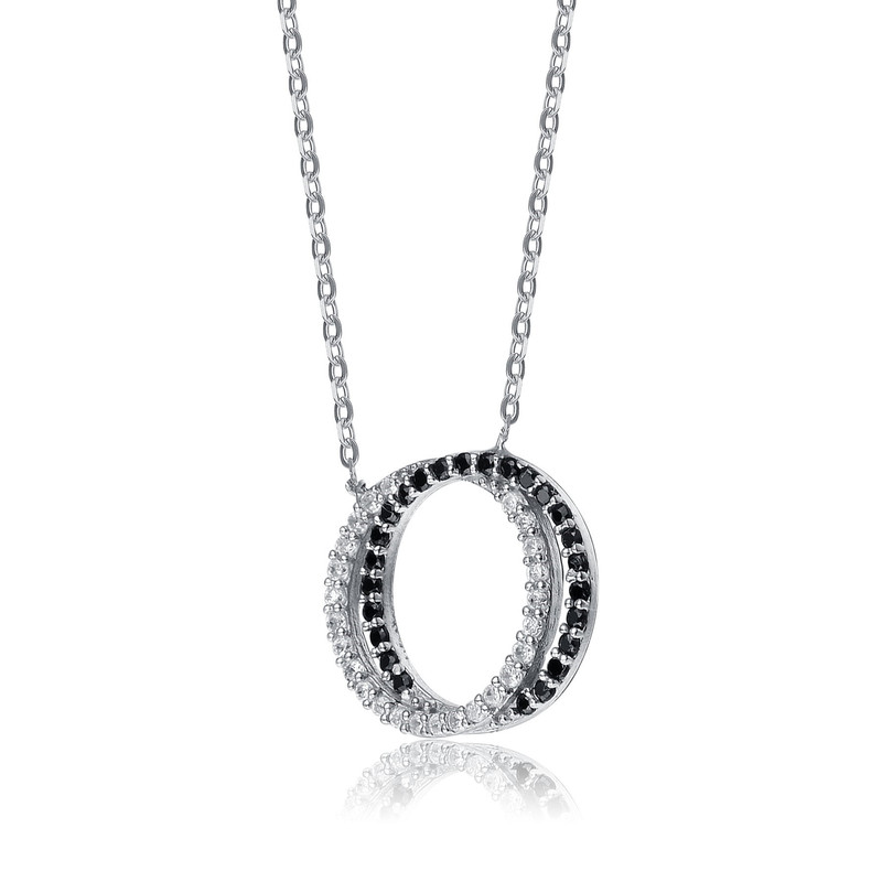 Sterling Silver White Gold Plating with Clear Cubic Zirconia Double Outlined Circle Neckalce