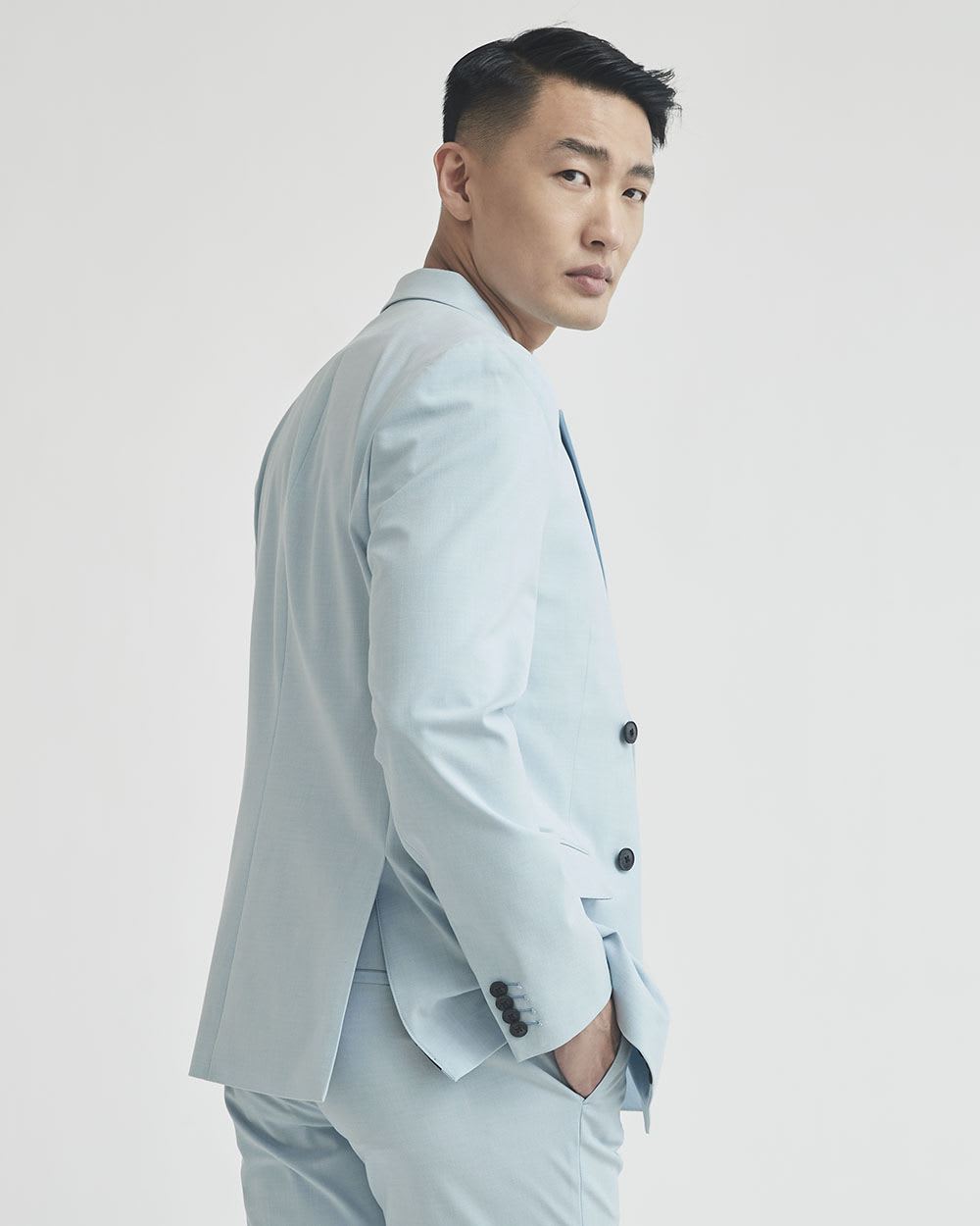 Slim Fit Double-Breasted Light Blue Suit Blazer