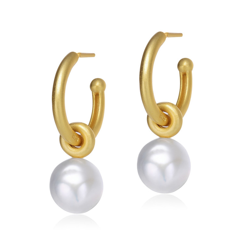 Sterling Silver 14k Yellow Gold Plated Round 11.5-12MM Genuine Freshwater Pearl Hoop Earrings