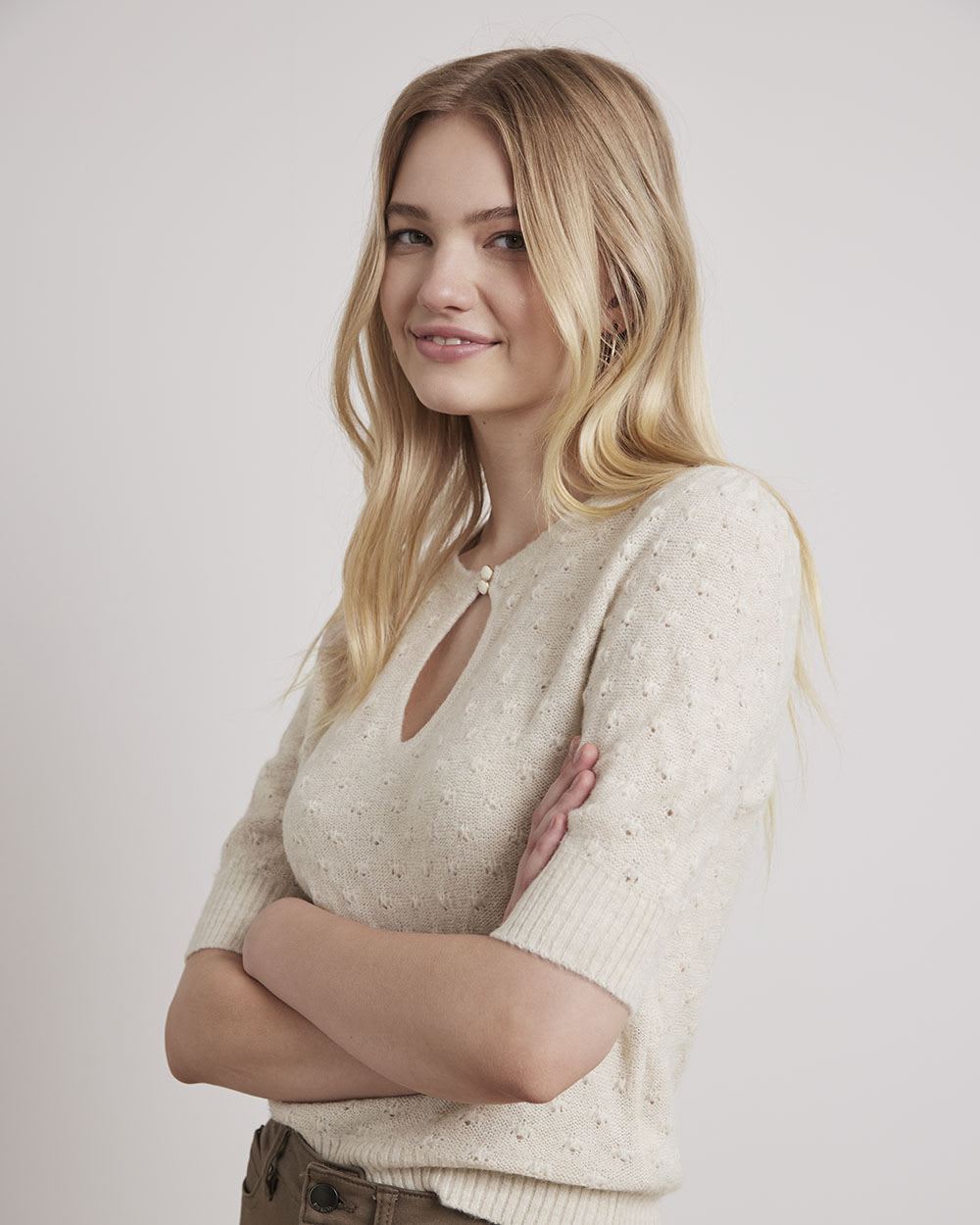 Short-Sleeve Crew-Neck Sweater with Fancy Stitches