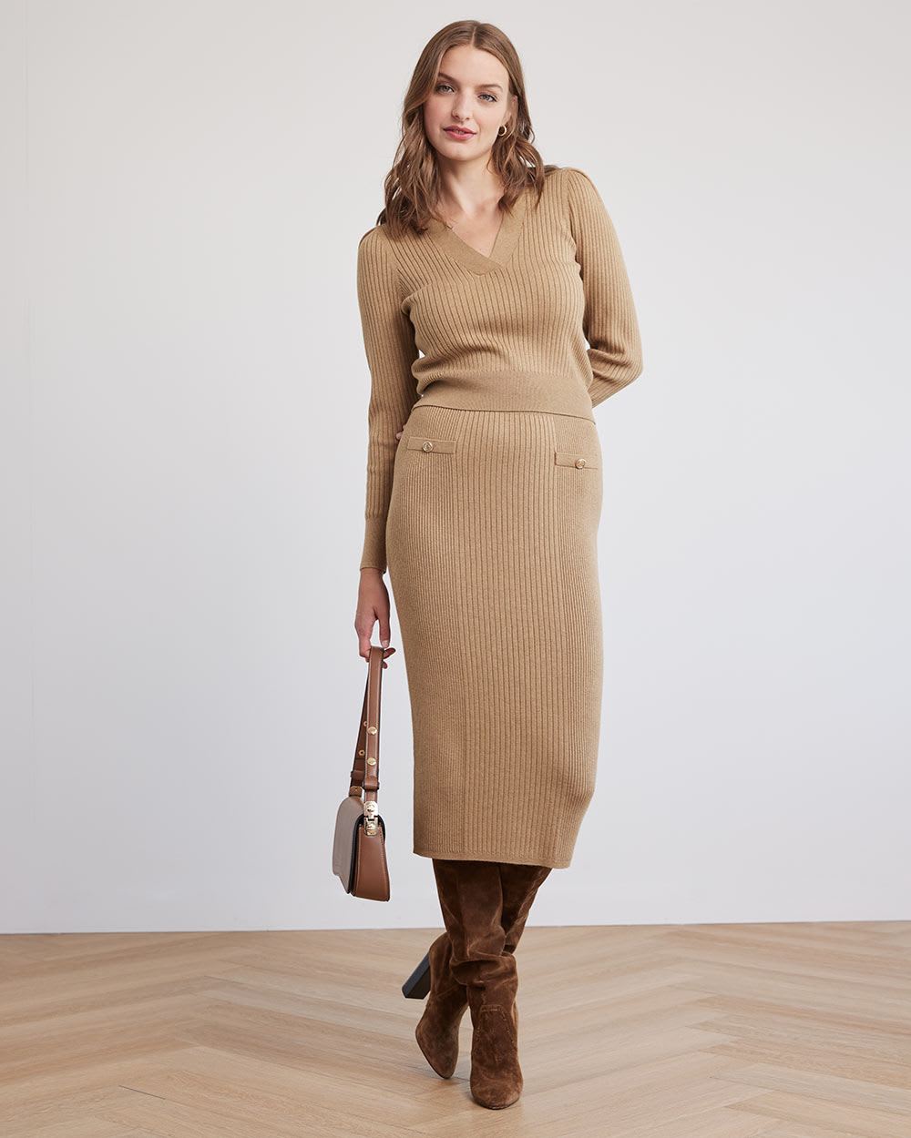 Cropped V-Neck Sweater with Long Puffy Sleeves