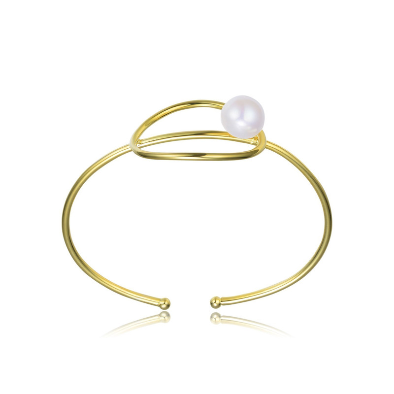 Sterling Silver with 14k Yellow Gold Plating and Genuine Freshwater Pearl Cuff Bracelet