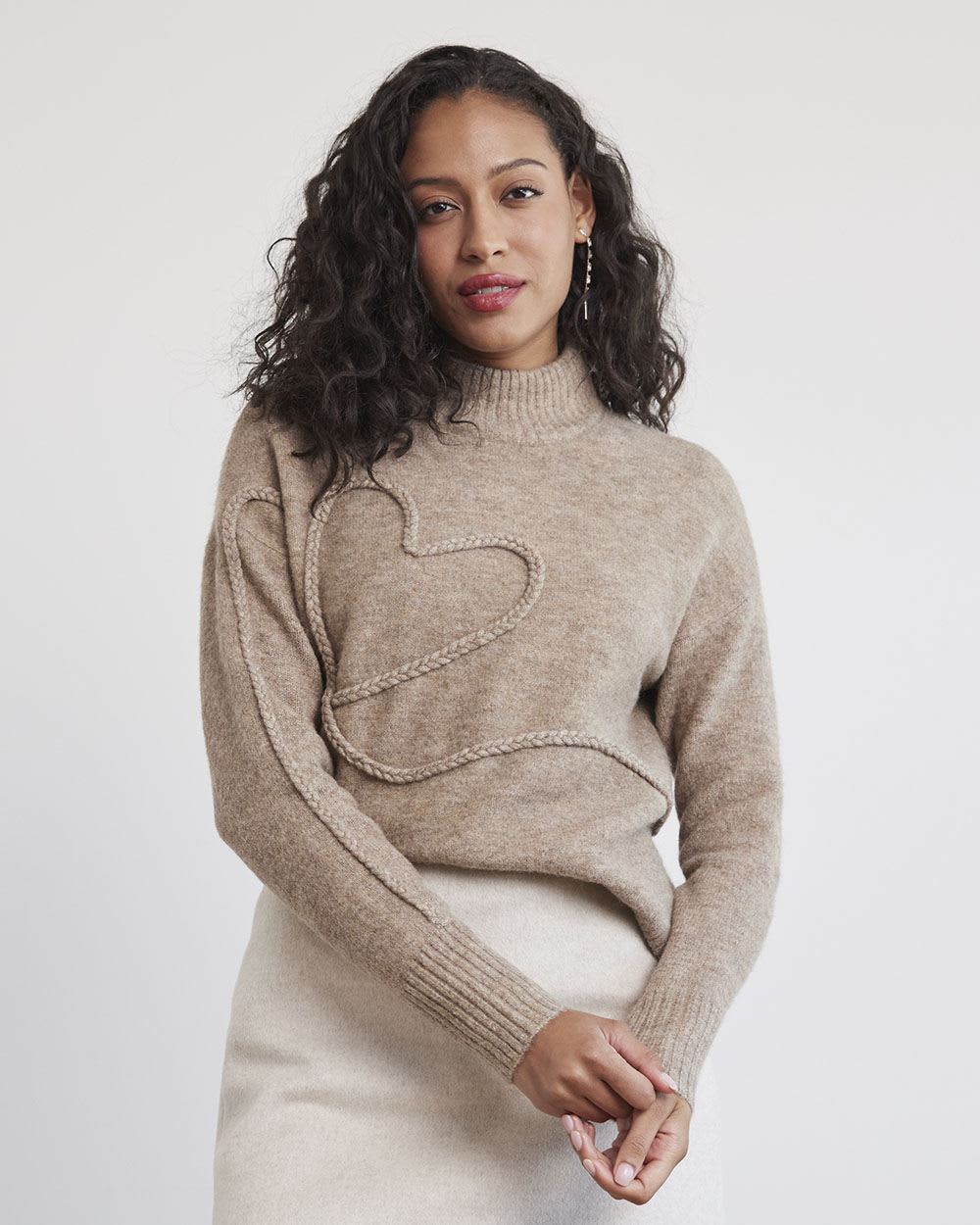 Long-Sleeve Mock-Neck Sweater with Braided Heart