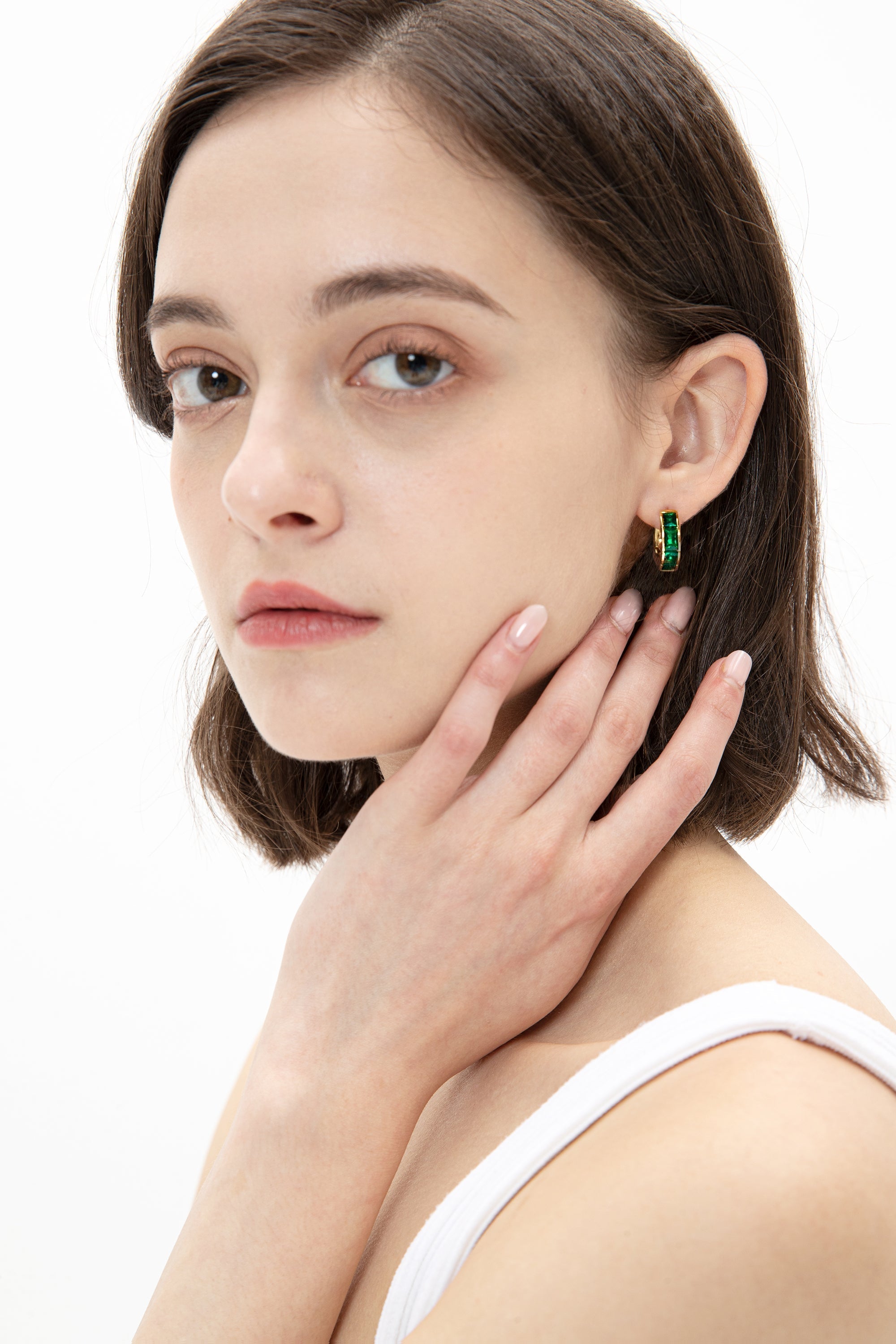 Classicharms-Gold Square-Cut Emerald Huggie Earrings