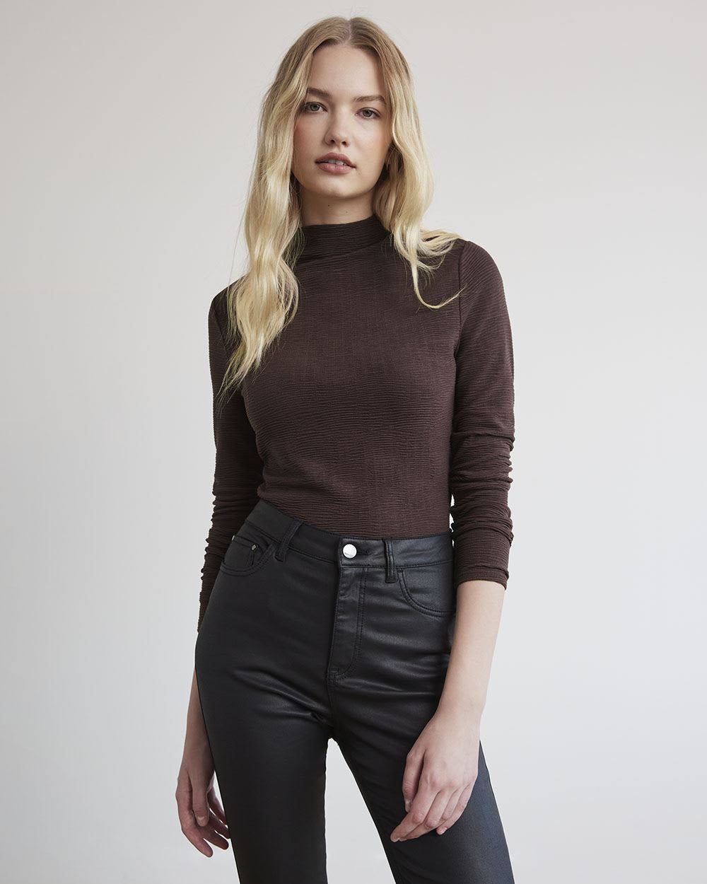 Long-Sleeve Mock-Neck Textured Bodycon Tee