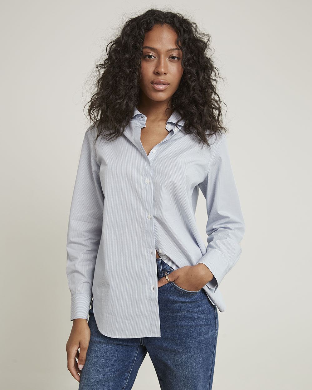 Long-Sleeve Buttoned-Down Striped Poplin Blouse
