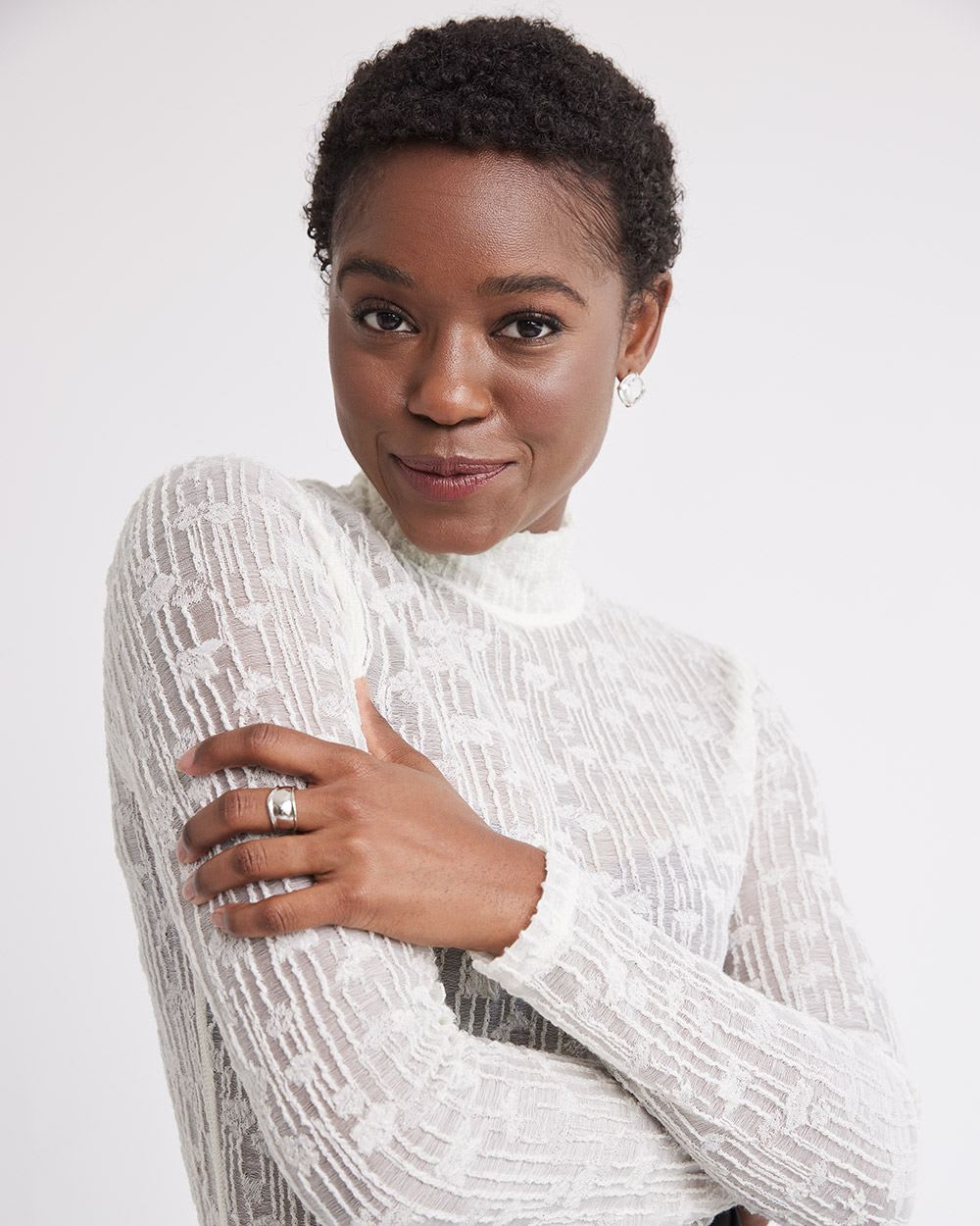 Long-Sleeve Mock-Neck Wool Lace Top