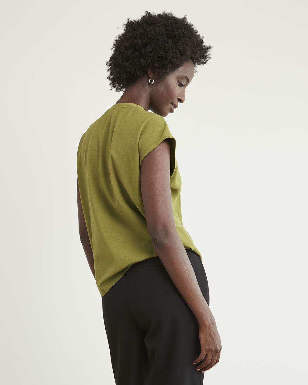 Mix-Media Top with Extended Sleeves and Pleated Crew Neckline