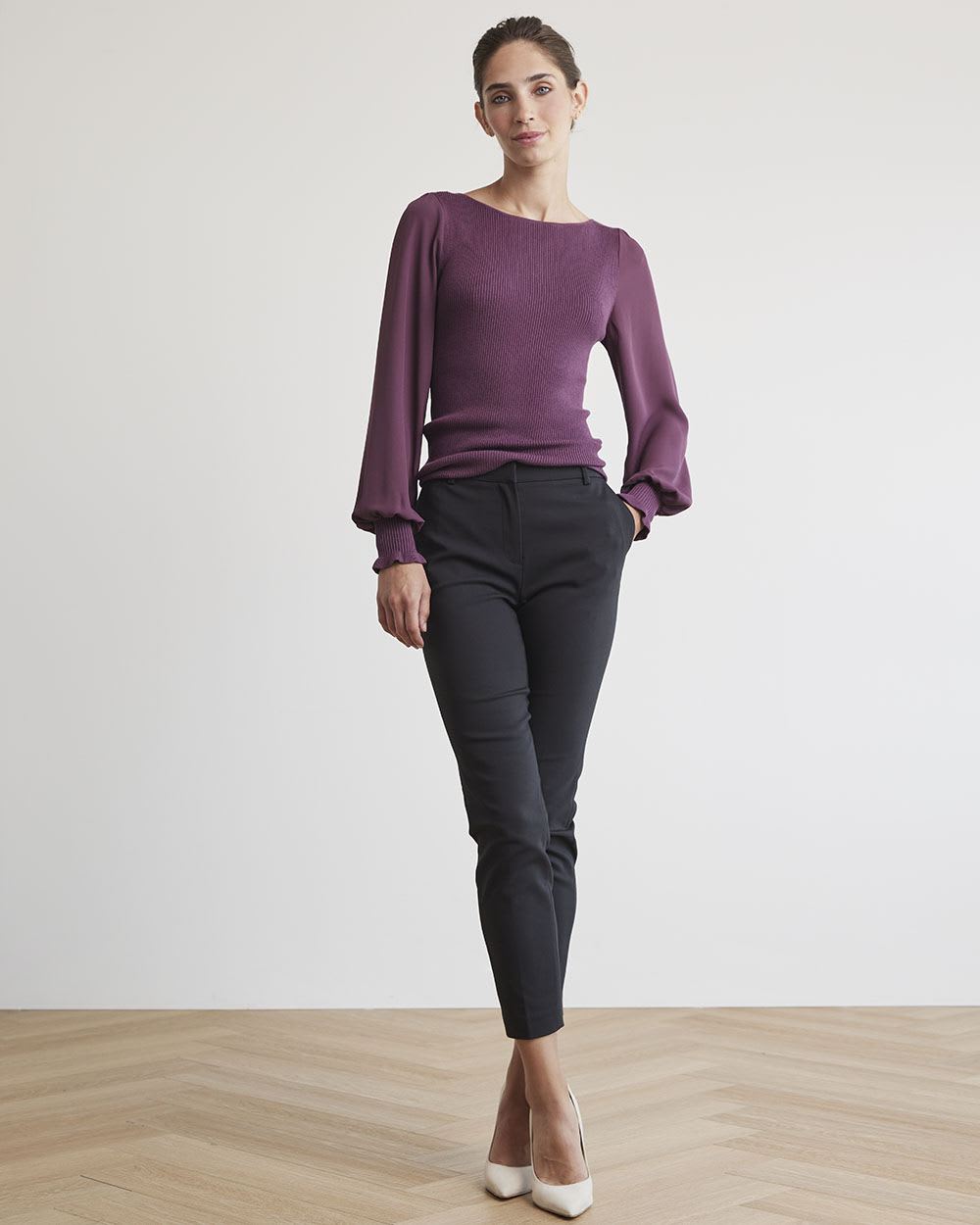 Mix-Media Bodycon Sweater with Long Puffy Sleeves