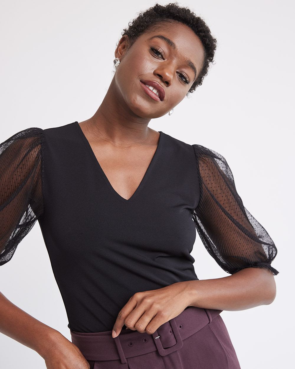V-Neck Top with Sheer Puffy Sleeves