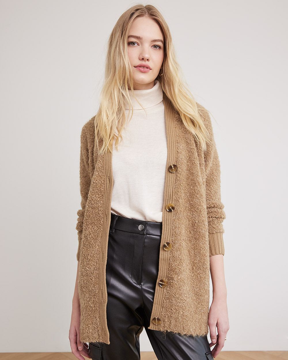 Long-Sleeve Buttoned-Down Bouclé Cardigan