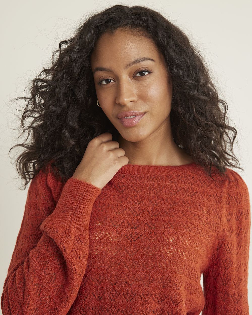 Long-Sleeve Boat-Neck Sweater with Pointelle Stitches