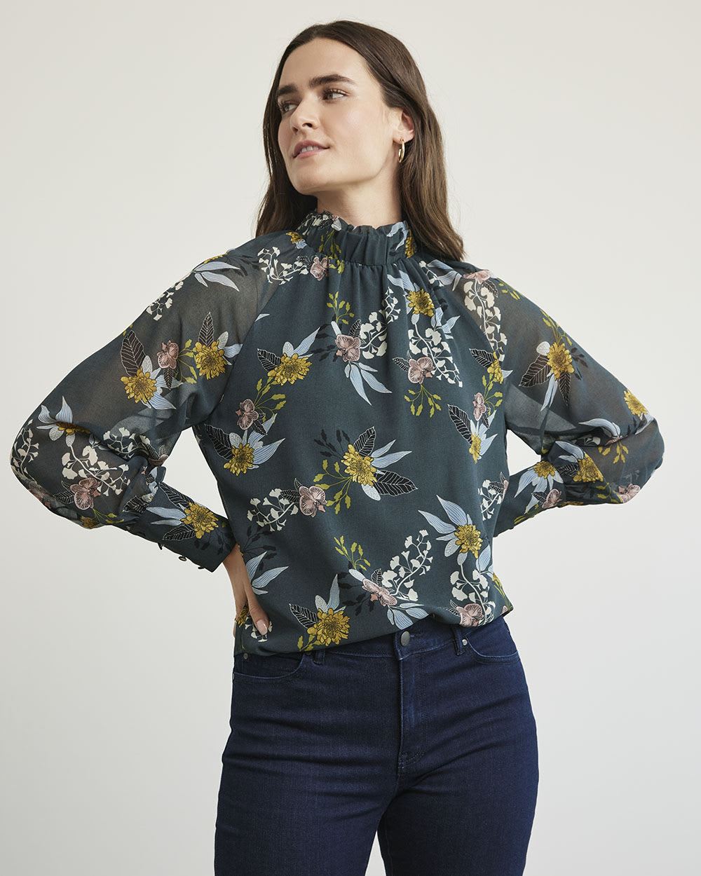 Mock-Neck Popover Blouse with Long Balloon Sleeves