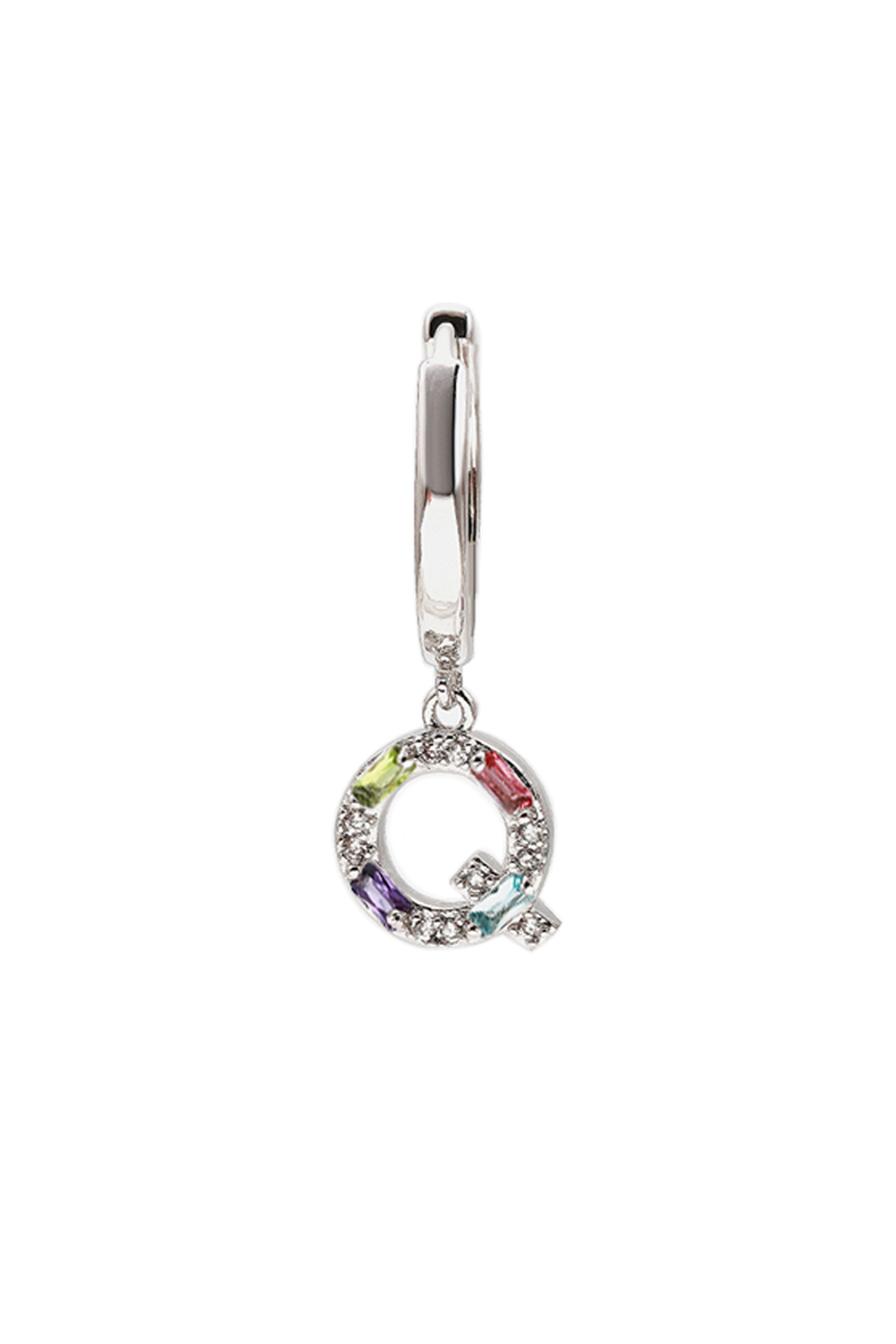 Classicharms-Single Pavé Initial Charm Drop Huggie Hoop Earring-Letter Q