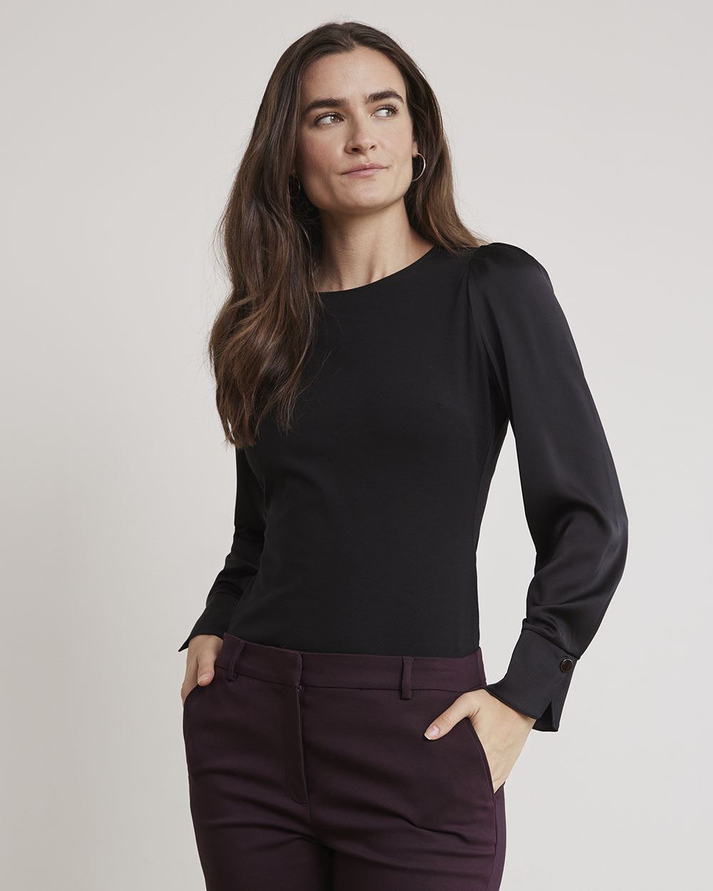 Mix-Media Crew-Neck T-Shirt with Long Puffy Sleeves