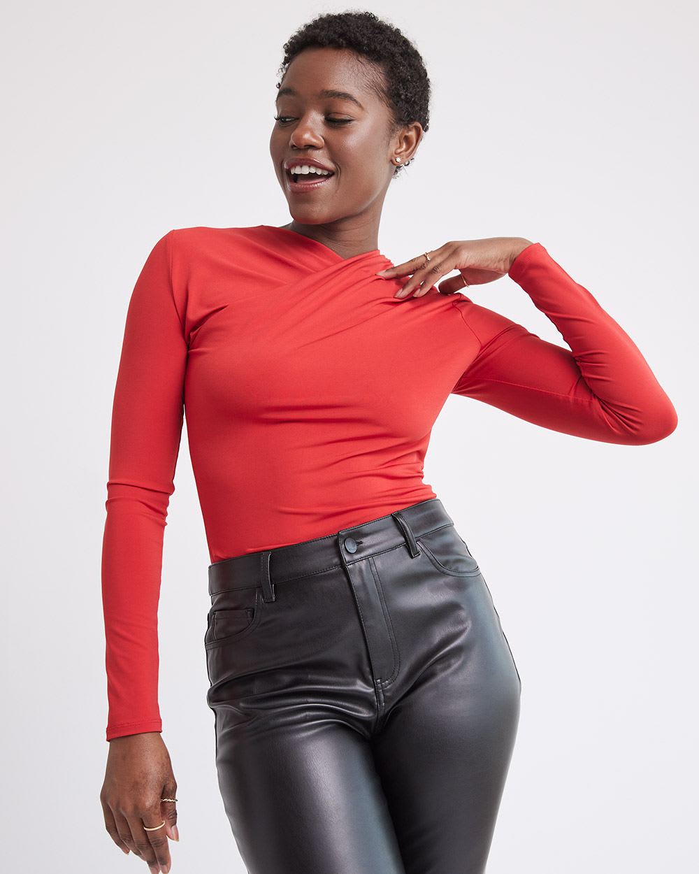 Long-Sleeve Top with Asymmetrical Draped Neckline