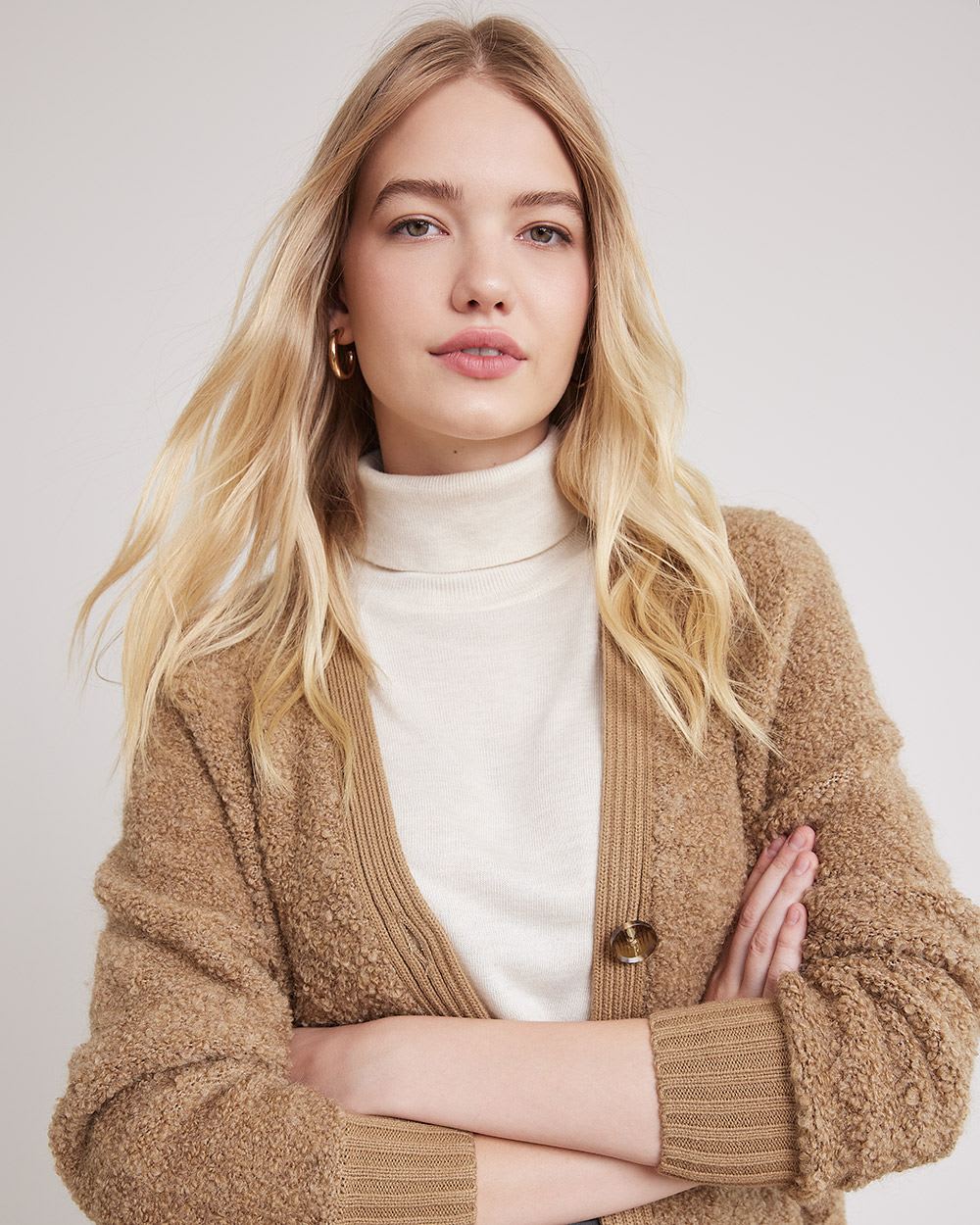 Long-Sleeve Buttoned-Down Bouclé Cardigan