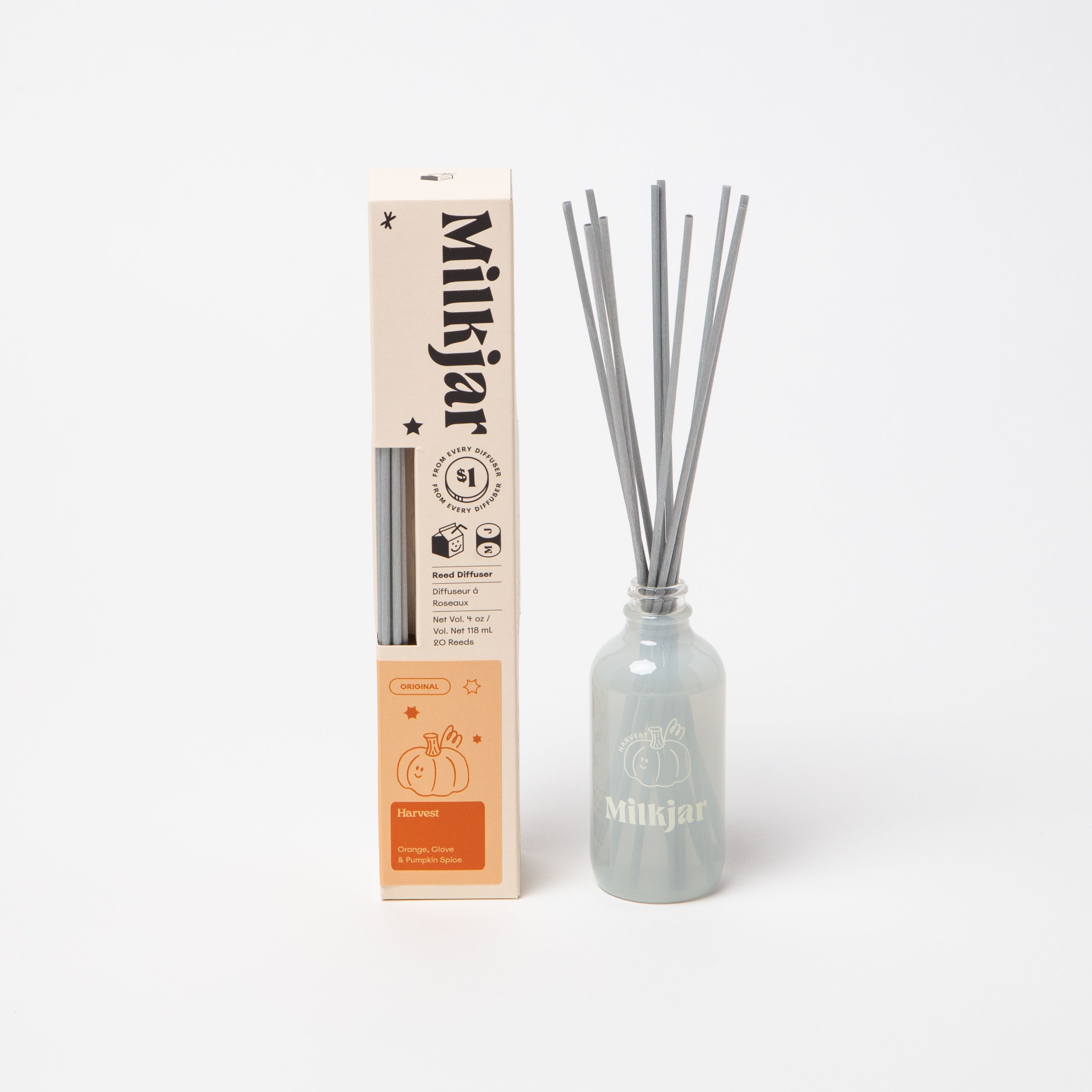 Milk Jar Harvest Reed Diffuser | Orange, Clove & Pumpkin Spice 4oz