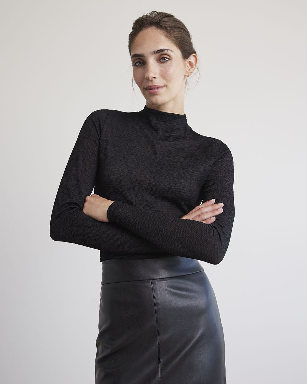 Long-Sleeve Mock-Neck Sheer Tee