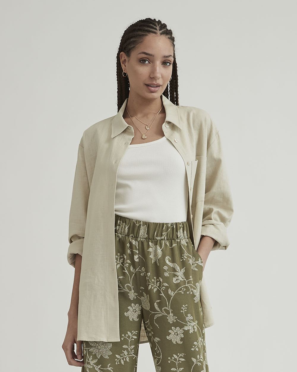 Long-Sleeve Buttoned-Down Linen Blouse