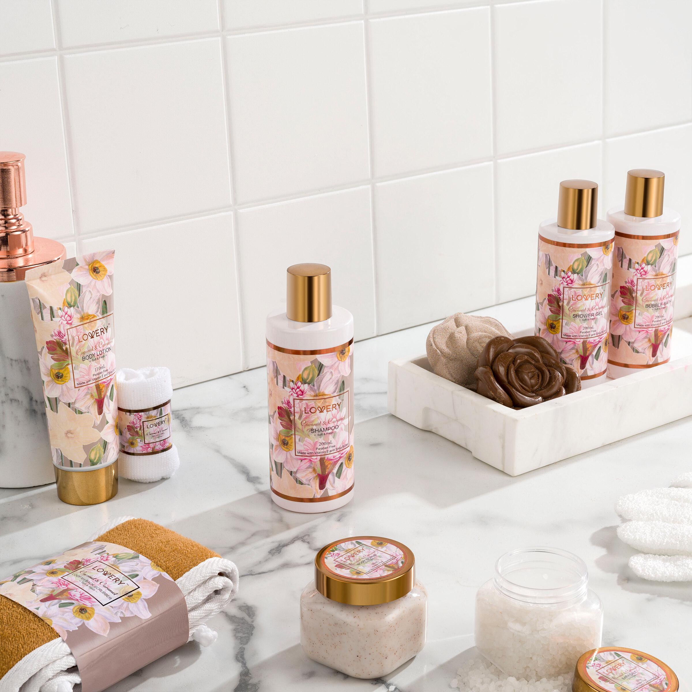 Lovery Coconut Caramel Self Care Basket, 13 Piece